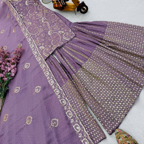 Light Purple Chinon Silk Embroidery Sequence Sharara Suit