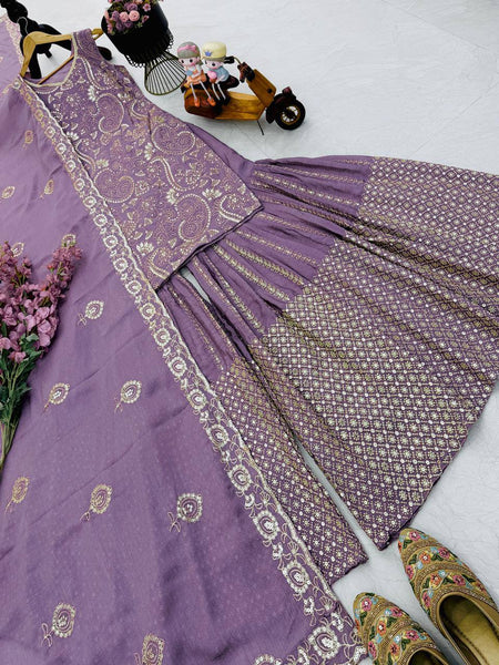 Light Purple Chinon Silk Embroidery Sequence Sharara Suit