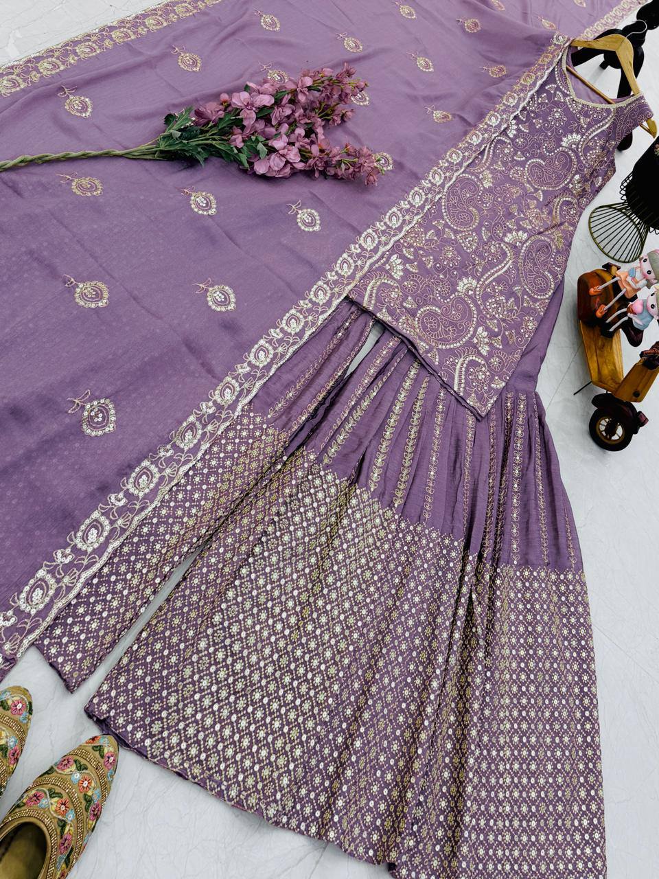 Light Purple Chinon Silk Embroidery Sequence Sharara Suit