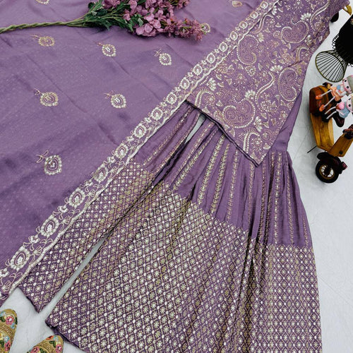 Light Purple Chinon Silk Embroidery Sequence Sharara Suit