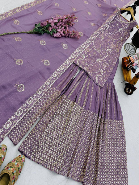 Light Purple Chinon Silk Embroidery Sequence Sharara Suit