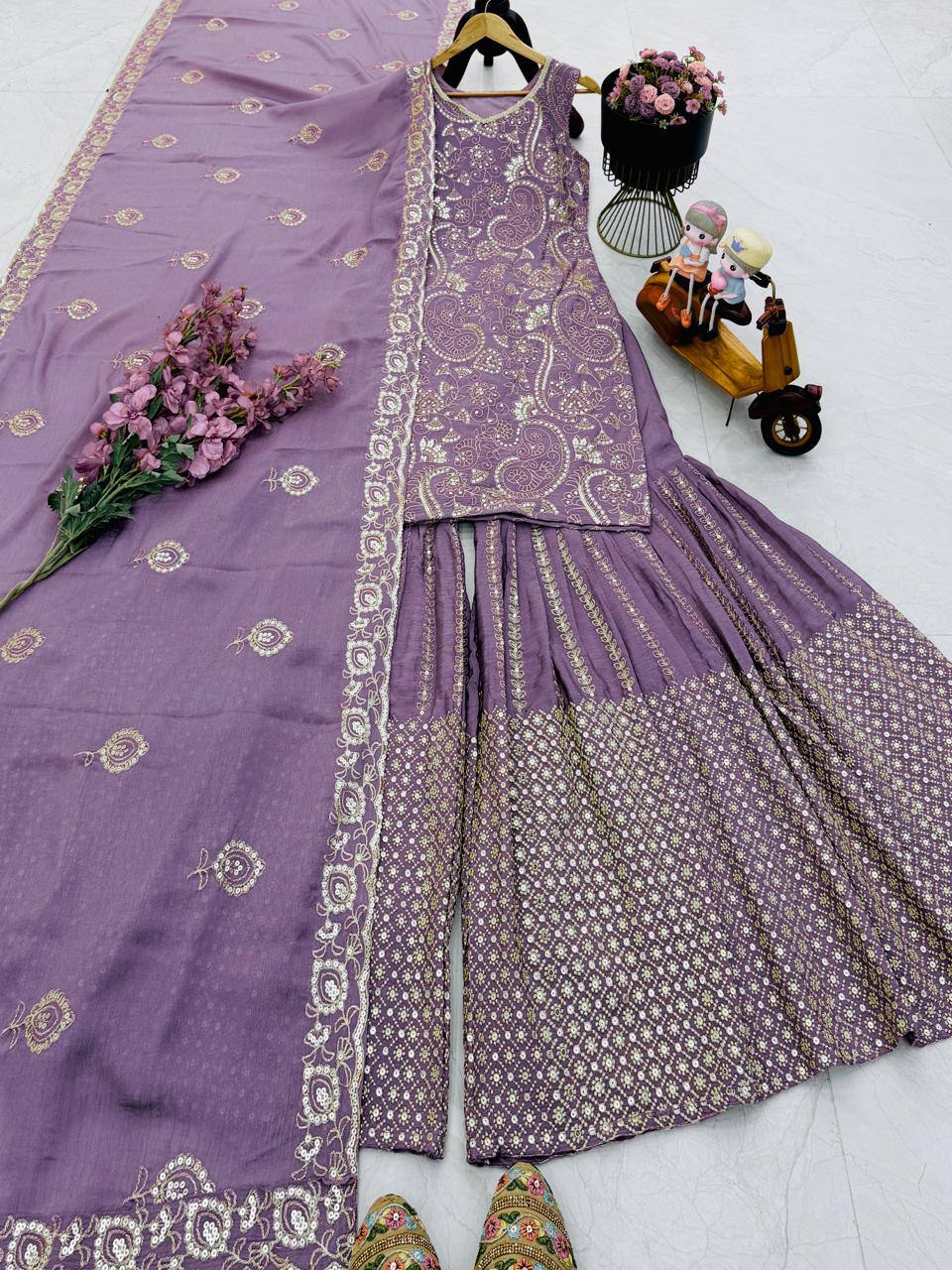 Light Purple Chinon Silk Embroidery Sequence Sharara Suit