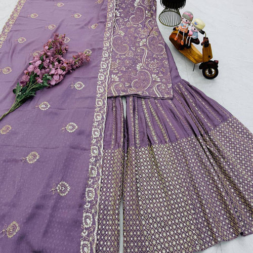 Light Purple Chinon Silk Embroidery Sequence Sharara Suit
