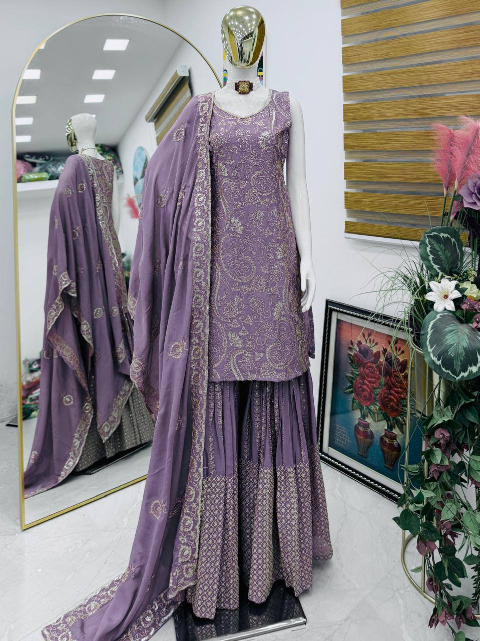 Light Purple Chinon Silk Embroidery Sequence Sharara Suit