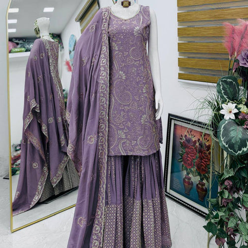 Light Purple Chinon Silk Embroidery Sequence Sharara Suit