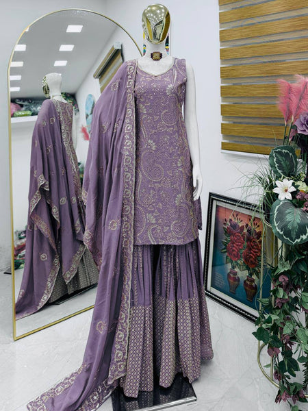 Light Purple Chinon Silk Embroidery Sequence Sharara Suit