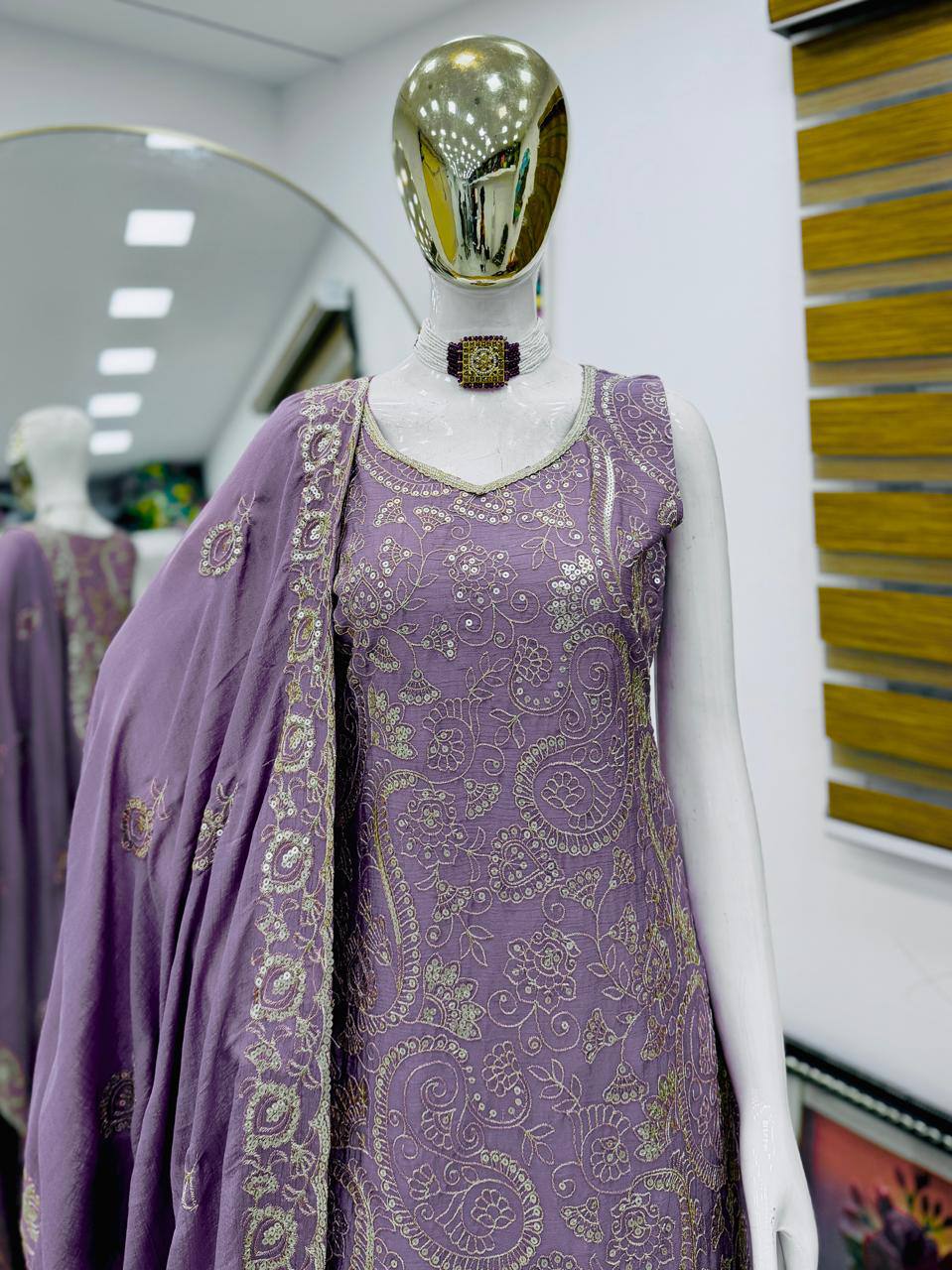 Light Purple Chinon Silk Embroidery Sequence Sharara Suit