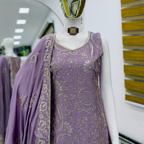 Light Purple Chinon Silk Embroidery Sequence Sharara Suit
