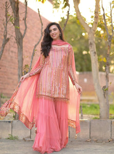 Peach Color Party Wear Sequence Work Georgette Palazzo Suit