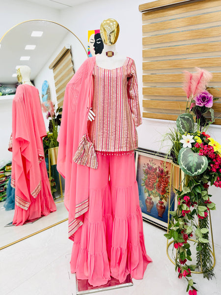 Peach Color Party Wear Sequence Work Georgette Palazzo Suit