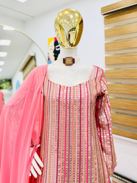 Peach Color Party Wear Sequence Work Georgette Palazzo Suit