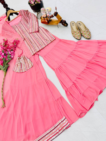 Peach Color Party Wear Sequence Work Georgette Palazzo Suit