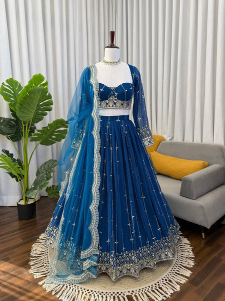 Blue Color Sequence Embroidered Georgette Designer Lehenga Choli