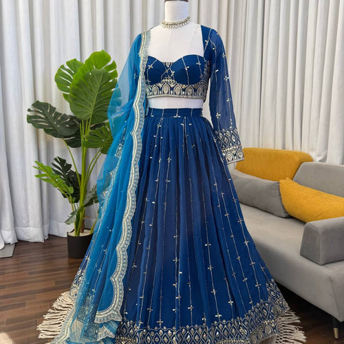 Blue Color Sequence Embroidered Georgette Designer Lehenga Choli