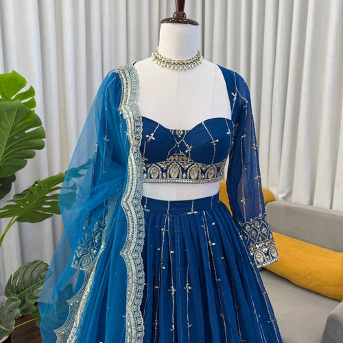 Blue Color Sequence Embroidered Georgette Designer Lehenga Choli