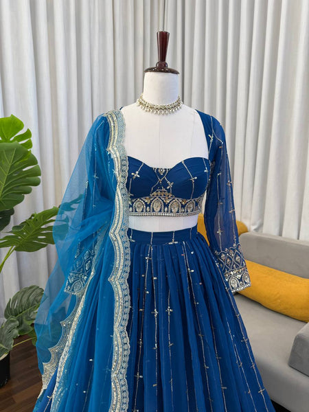 Blue Color Sequence Embroidered Georgette Designer Lehenga Choli