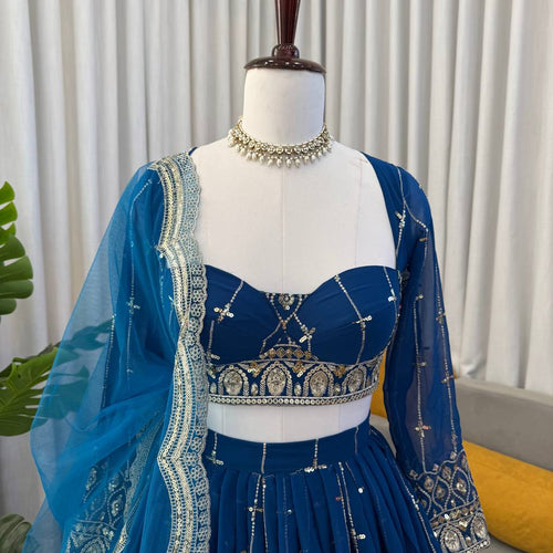 Blue Color Sequence Embroidered Georgette Designer Lehenga Choli