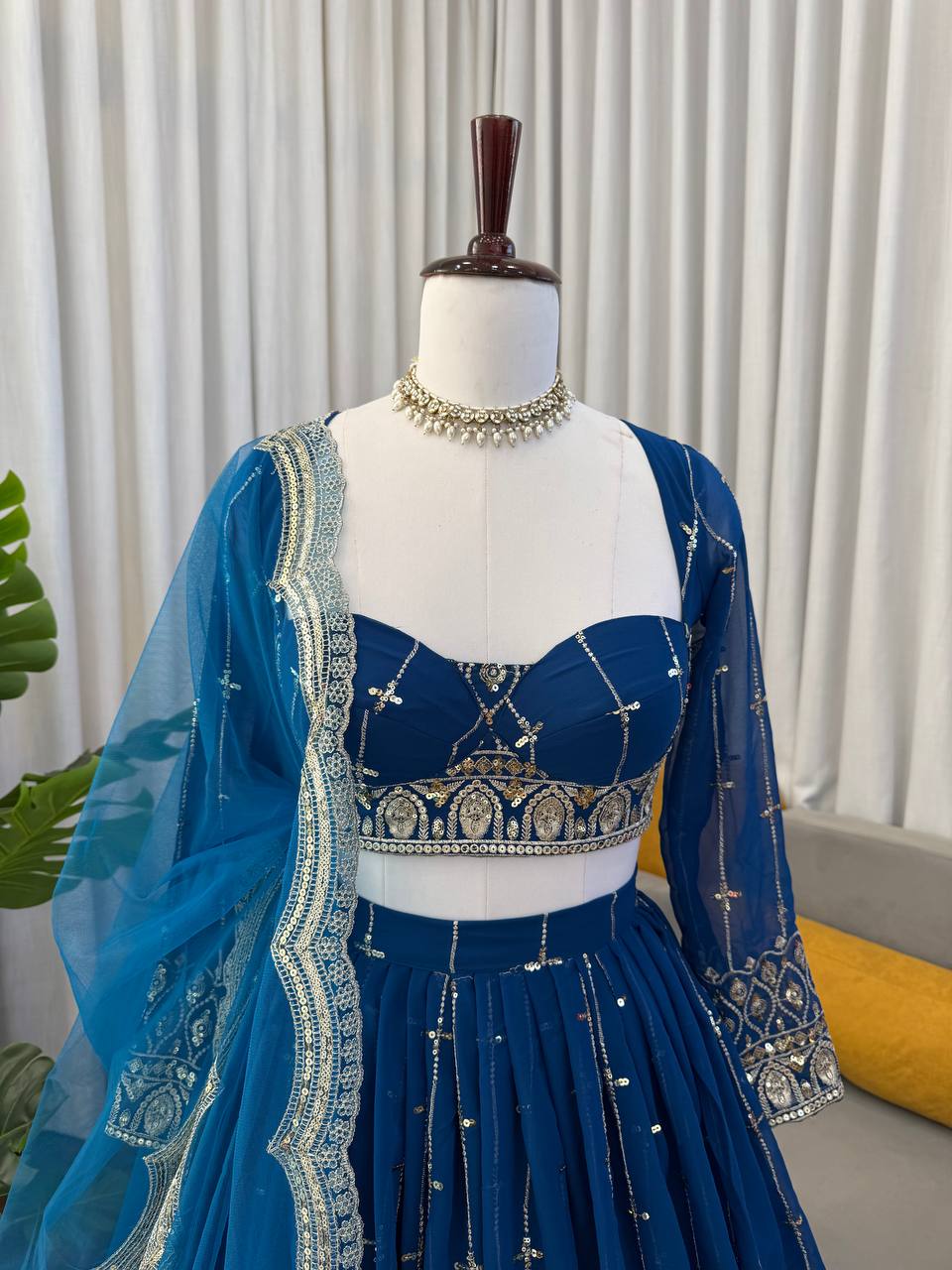 Blue Color Sequence Embroidered Georgette Designer Lehenga Choli