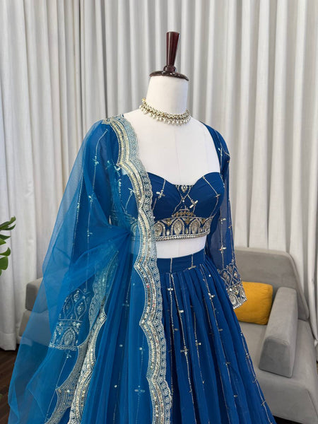 Blue Color Sequence Embroidered Georgette Designer Lehenga Choli