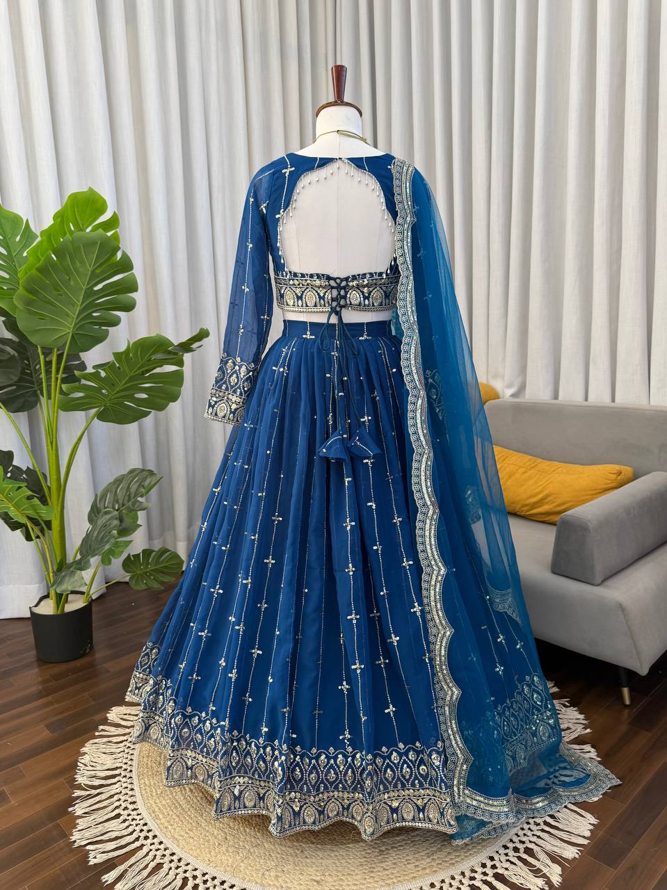 Blue Color Sequence Embroidered Georgette Designer Lehenga Choli