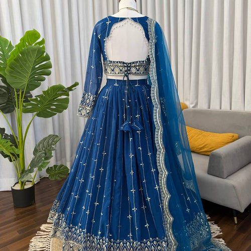 Blue Color Sequence Embroidered Georgette Designer Lehenga Choli