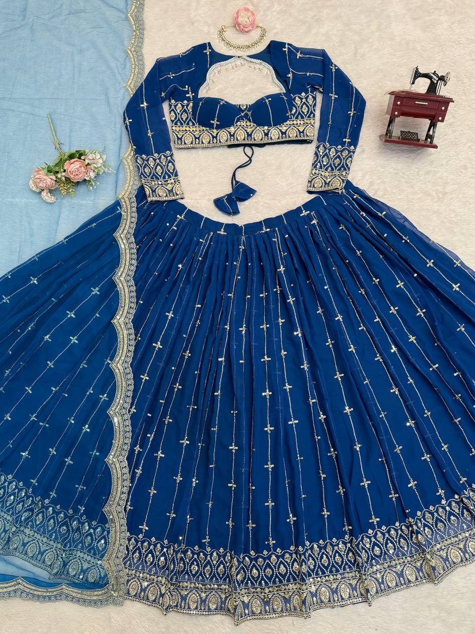Blue Color Sequence Embroidered Georgette Designer Lehenga Choli