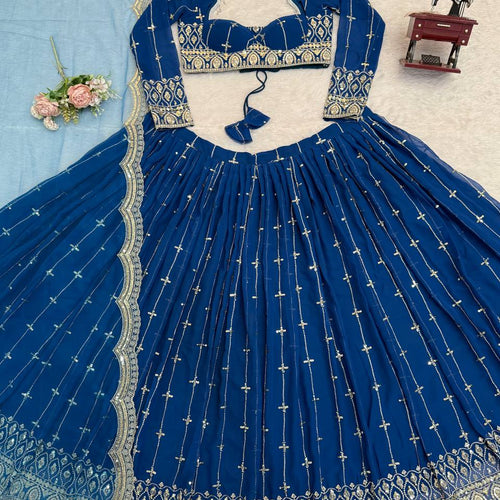Blue Color Sequence Embroidered Georgette Designer Lehenga Choli