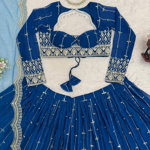 Blue Color Sequence Embroidered Georgette Designer Lehenga Choli