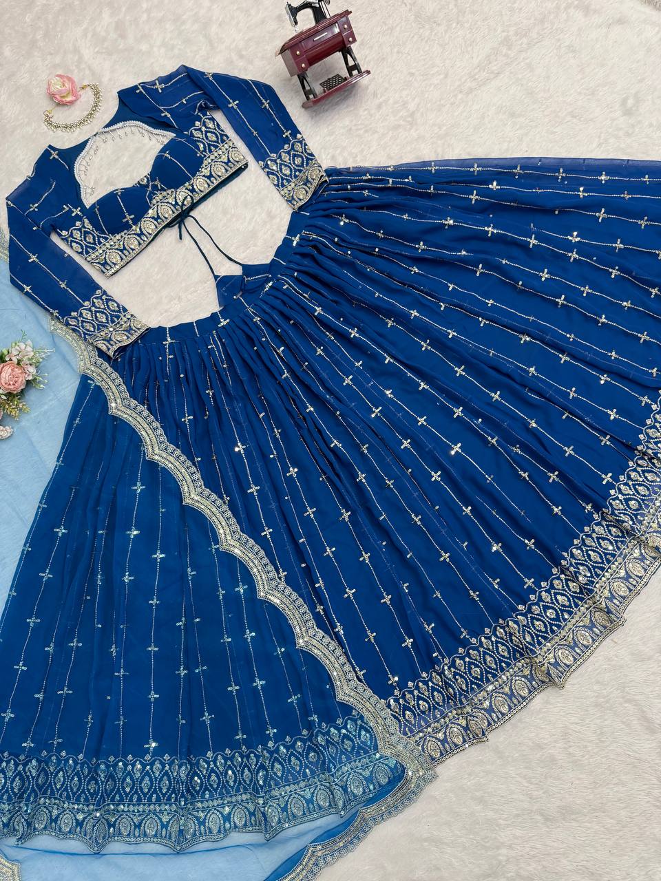 Blue Color Sequence Embroidered Georgette Designer Lehenga Choli