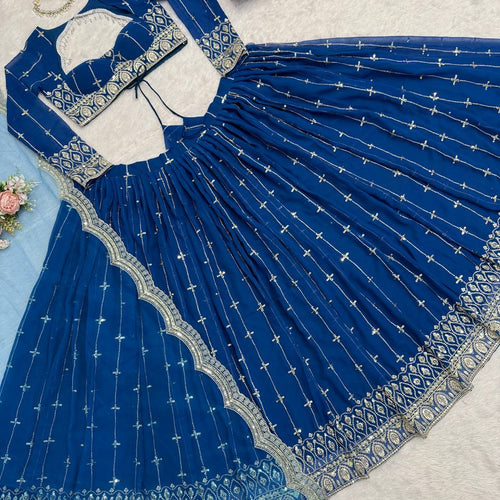 Blue Color Sequence Embroidered Georgette Designer Lehenga Choli
