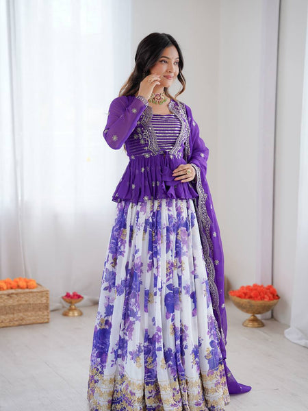 White and Purple Color Floral Print Western Lehenga Choli