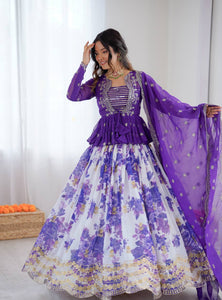 White and Purple Color Floral Print Western Lehenga Choli