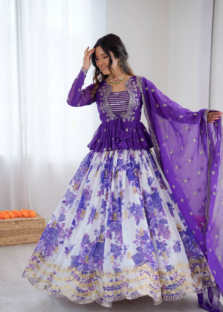 White and Purple Color Floral Print Western Lehenga Choli