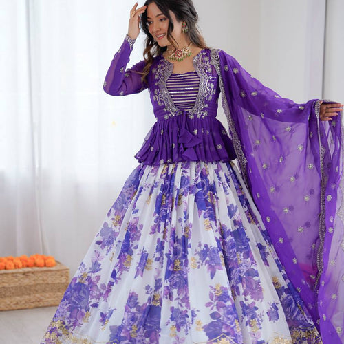 White and Purple Color Floral Print Western Lehenga Choli