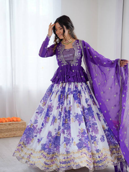 White and Purple Color Floral Print Western Lehenga Choli