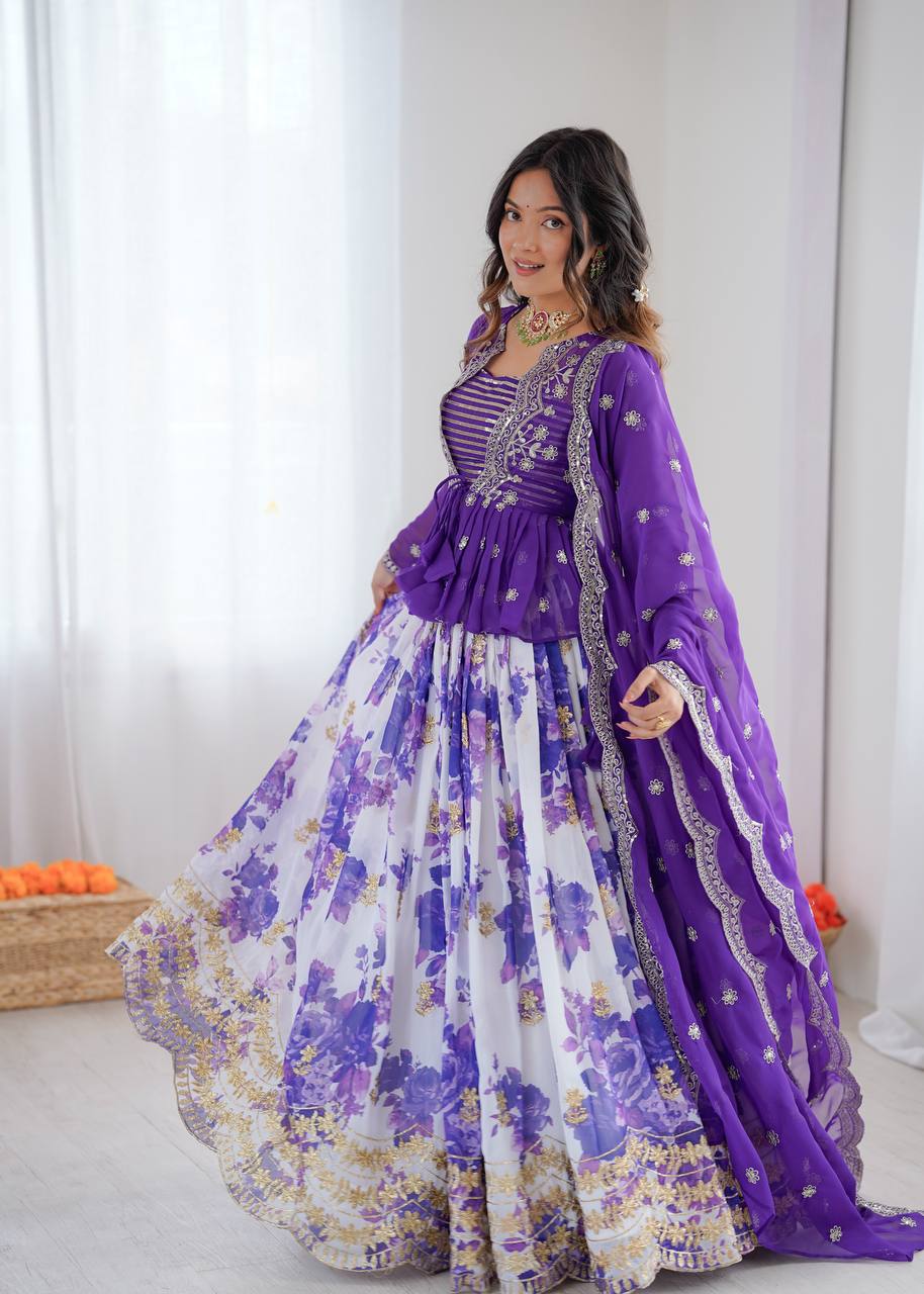 White and Purple Color Floral Print Western Lehenga Choli