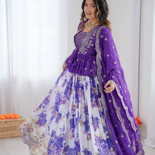 White and Purple Color Floral Print Western Lehenga Choli