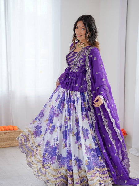 White and Purple Color Floral Print Western Lehenga Choli