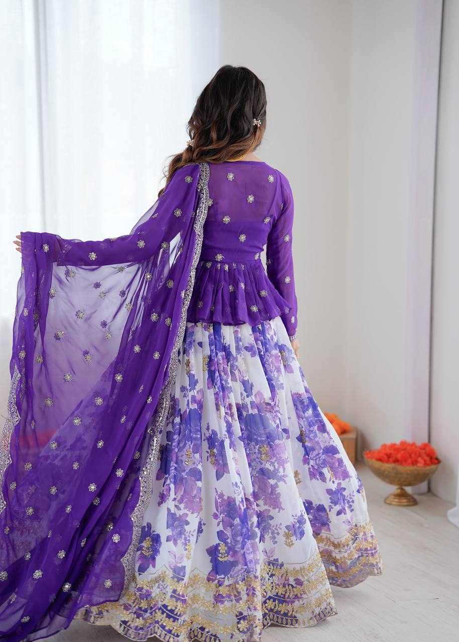 White and Purple Color Floral Print Western Lehenga Choli