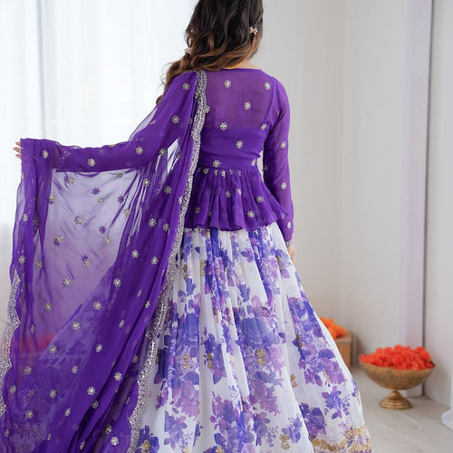 White and Purple Color Floral Print Western Lehenga Choli