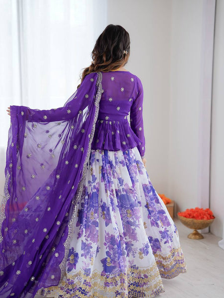 White and Purple Color Floral Print Western Lehenga Choli