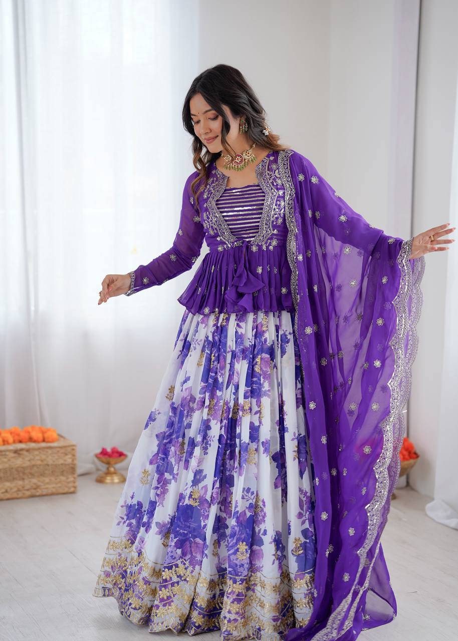 White and Purple Color Floral Print Western Lehenga Choli