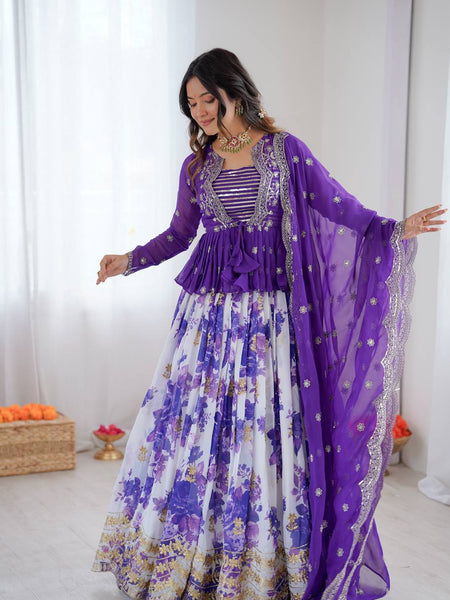 White and Purple Color Floral Print Western Lehenga Choli