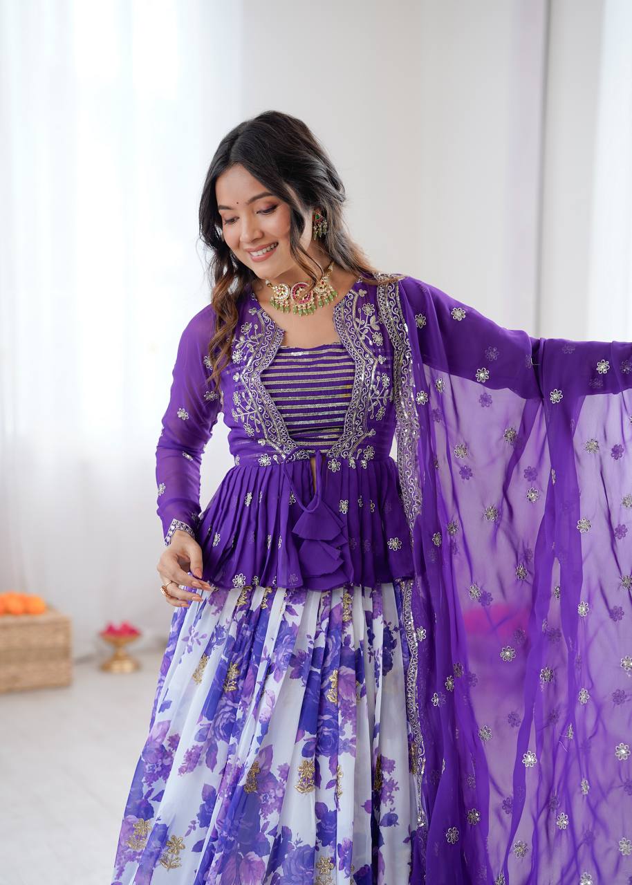 White and Purple Color Floral Print Western Lehenga Choli