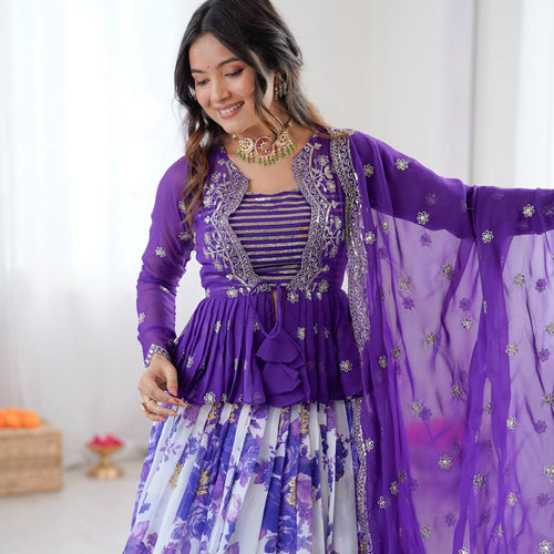 White and Purple Color Floral Print Western Lehenga Choli