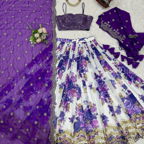 White and Purple Color Floral Print Western Lehenga Choli