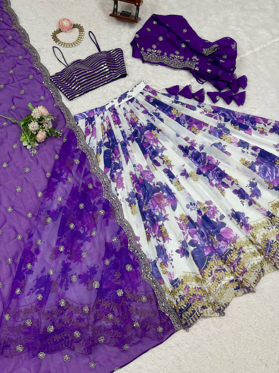 White and Purple Color Floral Print Western Lehenga Choli
