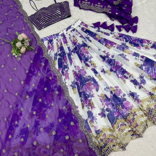 White and Purple Color Floral Print Western Lehenga Choli