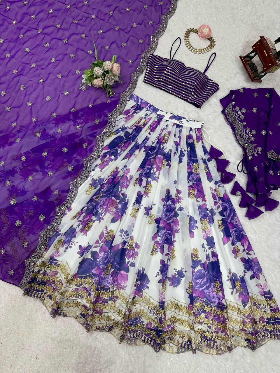 White and Purple Color Floral Print Western Lehenga Choli