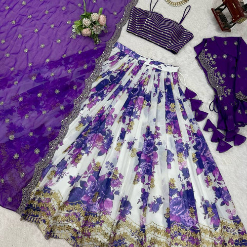 White and Purple Color Floral Print Western Lehenga Choli